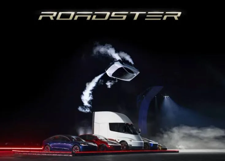Tesla Roadster 發表會主視覺:Roadster 在 Semi 與 Model 車系上方懸浮飛行